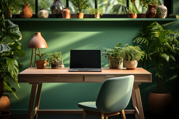 A modern workplace with a laptop near a green wall in a room, representing a contemporary work...
