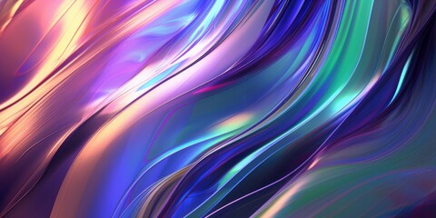 Obraz premium Abstract background consisting of holographic chrome gradient waves. Surface of the liquid, ripples, and reflections. Illustration created using a 3d render.