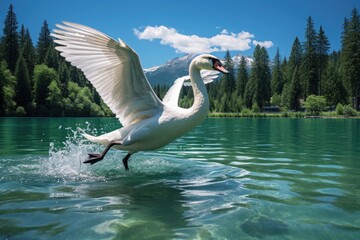 Beautiful white swan flaps its wings, rising from water, splashing water drops on river or lake. Graceful bird flying over water.