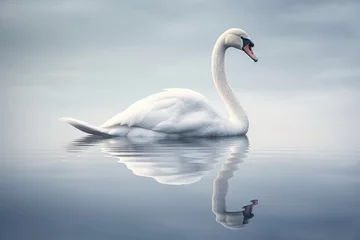  Beautiful white swan swimming on water with reflection in thick fog on the lake © DenisNata