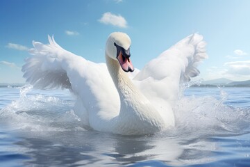 Beautiful white swan swimming on water in river or lake, summer day