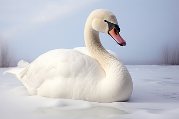 Obraz premium Graceful white swan on snow, winter background