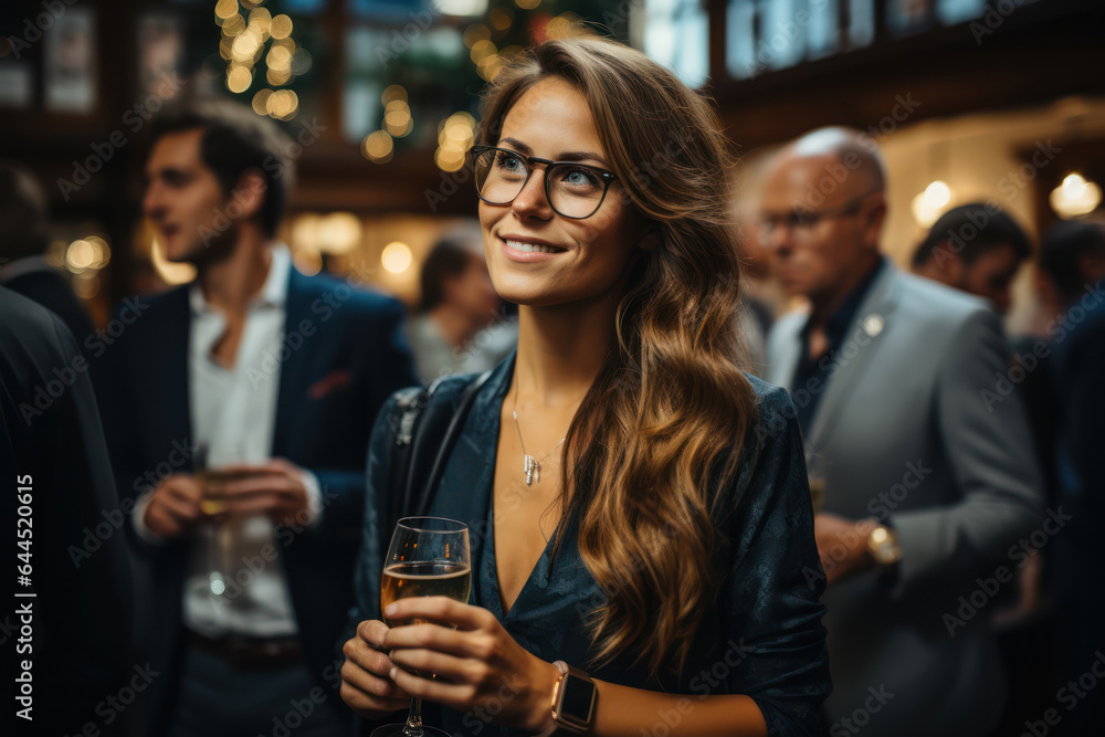 Poster delegates networking at a conference drinks reception. generative ai.