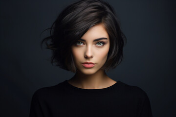 Generative AI portrait of fashion model brunette hair short haircut trendy salon hairstyle - obrazy, fototapety, plakaty