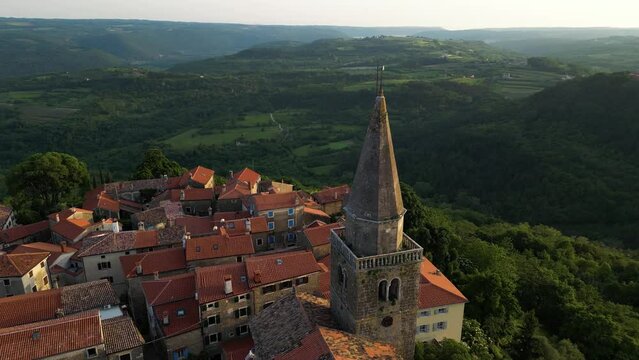 Aerial view of the old town of Groznjan, in Istria, Croatia.