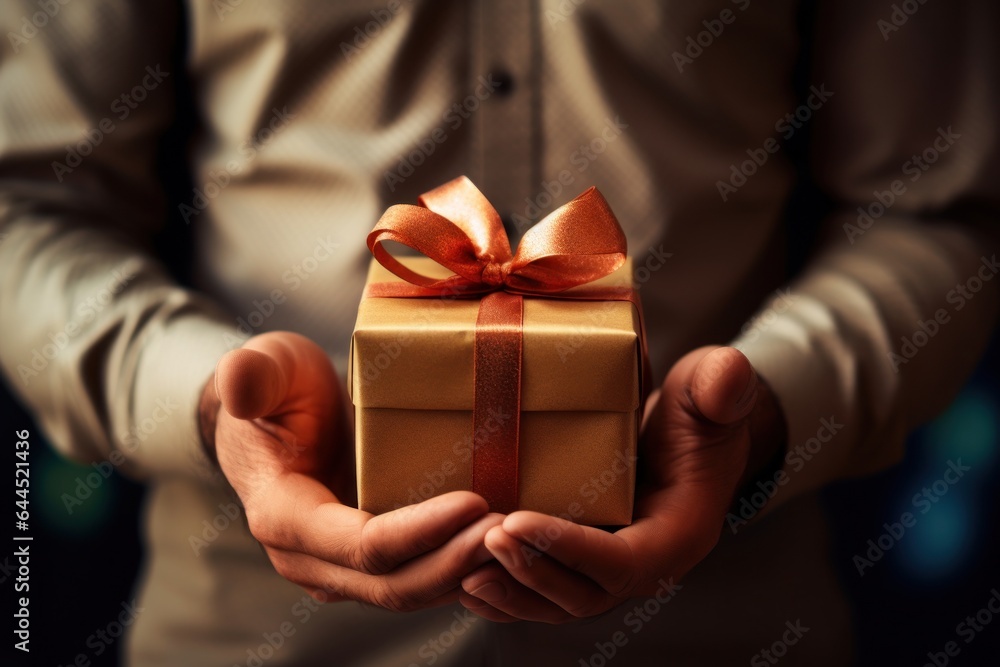 Poster Man with a gift box with a red bow for the New Year.