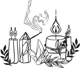 Candle art contour. Hand-drawing drawing outline, candlelight fire,flame,holiday romantic decoration.Doodle,sketch,minimalism. Candle vector graphics highlighted on a white background.