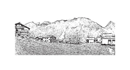 Building view with landmark of Saas Fee is the village in Switzerland. Hand drawn sketch illustration in vector.