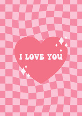 Happy Valentine's day greeting card, cute retro love print, 60s, 70s style vector illustration poster