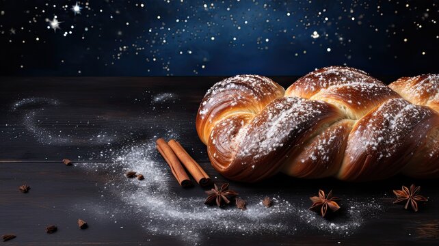 Hanukkah background with Challah on dark backgrround
