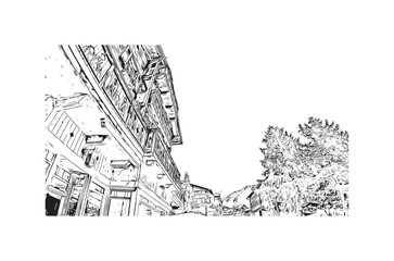 Fototapeta premium Building view with landmark of Saas Fee is the village in Switzerland. Hand drawn sketch illustration in vector.
