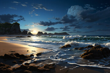 Obraz premium Harmony of Celestial Whispers: An Ode to the Conversations Between Starlight and Sea. Generative AI