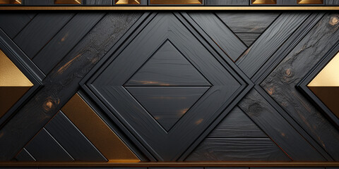 Obraz premium Hintergundmotiv in schwarz mit gold Applikationen geometrische Teile 3D als im Querformat für Banner, ai generativ