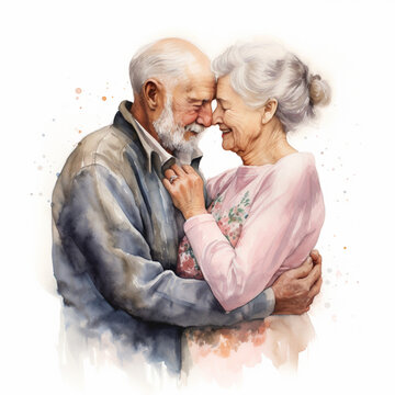 An elderly couple hugs. Aged people, portrait of a married couple. Watercolor illustration.