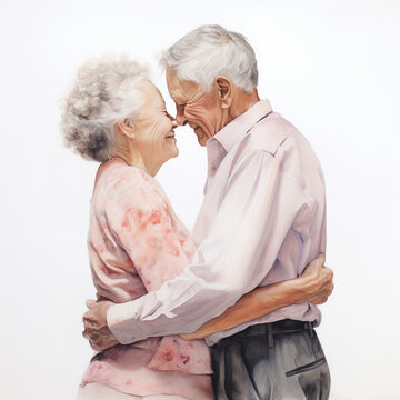 An elderly couple hugs. Aged people, portrait of a married couple. Watercolor illustration.