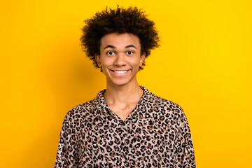 Closeup portrait of young guy funny chevelure toothy smile hipster wear leopard shirt glamour macho...
