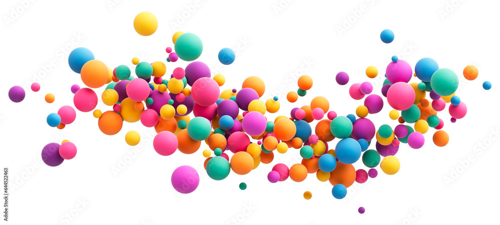 Poster abstract composition with many colorful random flying spheres isolated on transparent background. co
