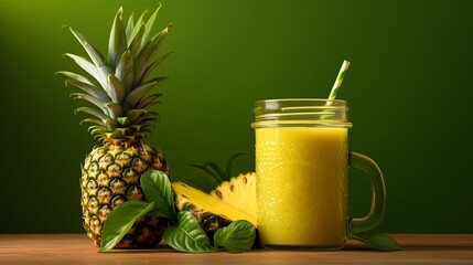 Healthy Pineapple Smoothie.
Healthy pineapple smoothie on green backdrop, wooden base.