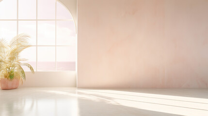 A Modern Stucco loft Wall Background, stucco wall with dark brown wooden floor, blurred lights and shadows shining through window onto wall and floor