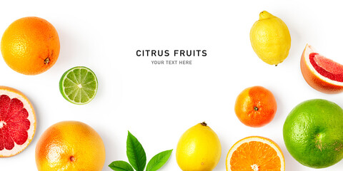 Lemon, lime, grapefruit, tangerine, clementine and orange citrus fruits frame isolated. - obrazy, fototapety, plakaty
