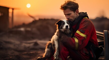 A firefighter rescued a dog from a fire - obrazy, fototapety, plakaty