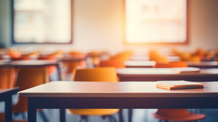 A Blurry or out - of - focus image of elementary school classroom with students sitting and studying, abstract design for background.