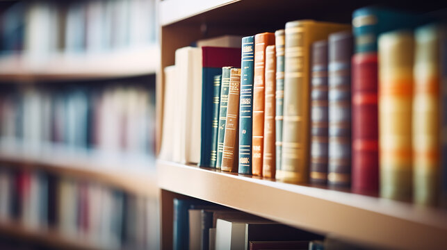 A real photo of Blurry or out - of - focus image of a library full of abstract books for background.