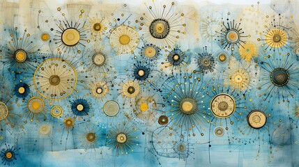 Stars, suns, circles, dots, sun beams and lines shapes in gold and blue hues. Weathered, watered beautiful journal paper texture. Seamless retro flower, nature design, texture and pattern.