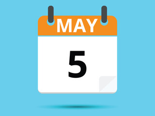 5 May. Flat icon calendar isolated on blue background. Vector illustration.