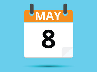 8 May. Flat icon calendar isolated on blue background. Vector illustration.