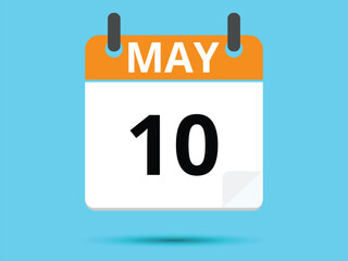 10 May. Flat icon calendar isolated on blue background. Vector illustration.