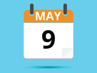 9 May. Flat icon calendar isolated on blue background. Vector illustration.