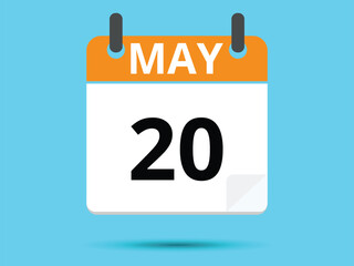 20 May. Flat icon calendar isolated on blue background. Vector illustration.