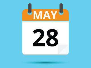28 May. Flat icon calendar isolated on blue background. Vector illustration.
