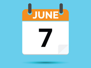 7 June. Flat icon calendar isolated on blue background. Vector illustration.