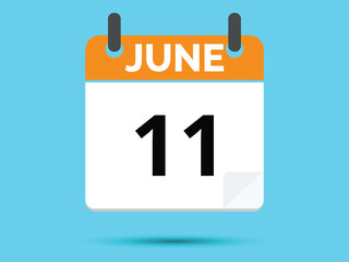 11 June. Flat icon calendar isolated on blue background. Vector illustration.