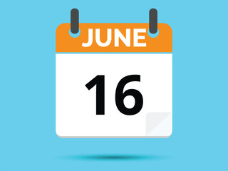 16 June. Flat icon calendar isolated on blue background. Vector illustration.