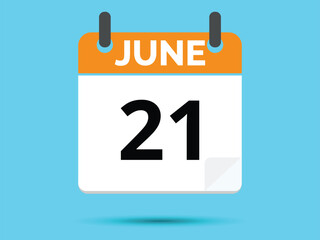 21 June. Flat icon calendar isolated on blue background. Vector illustration.