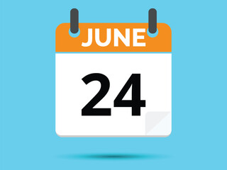 24 June. Flat icon calendar isolated on blue background. Vector illustration.