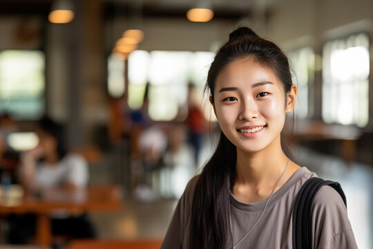 Happy Asian Girl Student Portrait In University