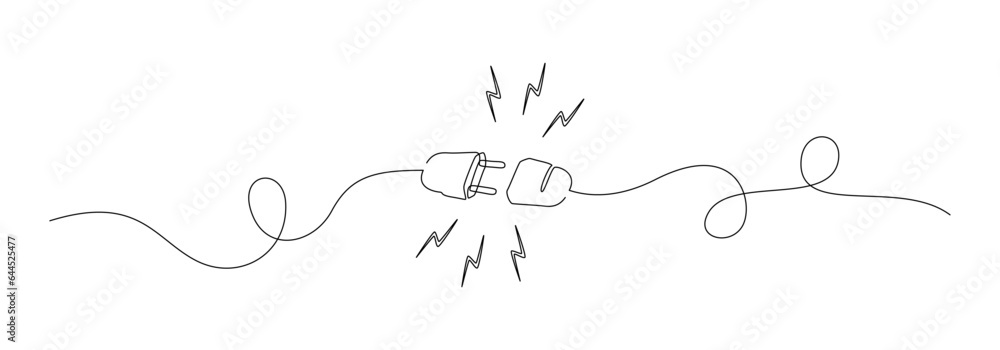 Poster one continuous line drawing of plug inserting into electric outlet. power socket energy disconnect i