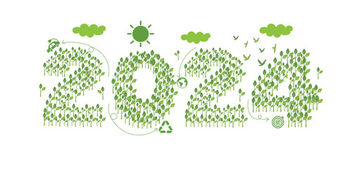 2024 New year, Eco friendly, Sustainability planning concept with globe and World environmental green doodle icons drawing set on white background ,Vector illustration