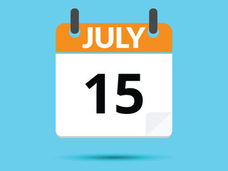 15 July. Flat icon calendar isolated on blue background. Vector illustration.