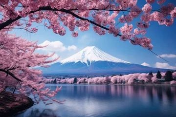 Fotobehang sakura tree and mountain fuji on background © Tidarat