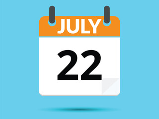 22 July. Flat icon calendar isolated on blue background. Vector illustration.