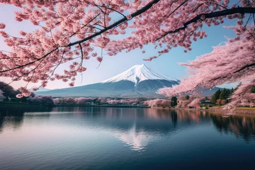 Muurstickers sakura tree and mountain fuji on background © Tidarat