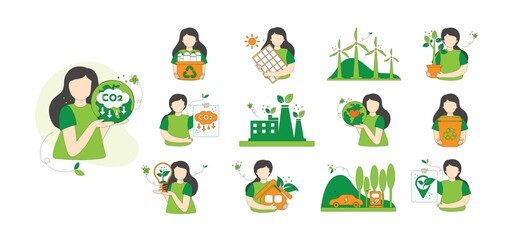 Characters trying to reduce co2 emission by using clean energy and warning about co2 emission to reduce climate change problem. Environmental protection and flat cartoon vector illustration set.