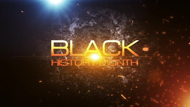 Black History Month gold text motion flare effect grunge futuristic hitech cinematic trailer title background with fire burst and gold particles animation abstract background