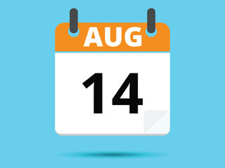 14 August. Flat icon calendar isolated on blue background. Vector illustration.