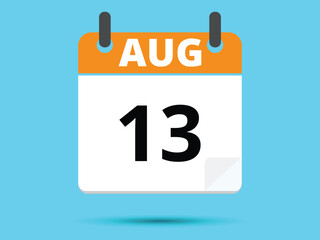 13 August. Flat icon calendar isolated on blue background. Vector illustration.